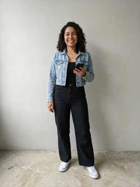 Photo of a woman in a denim jacket used for a Neon Dance AI video